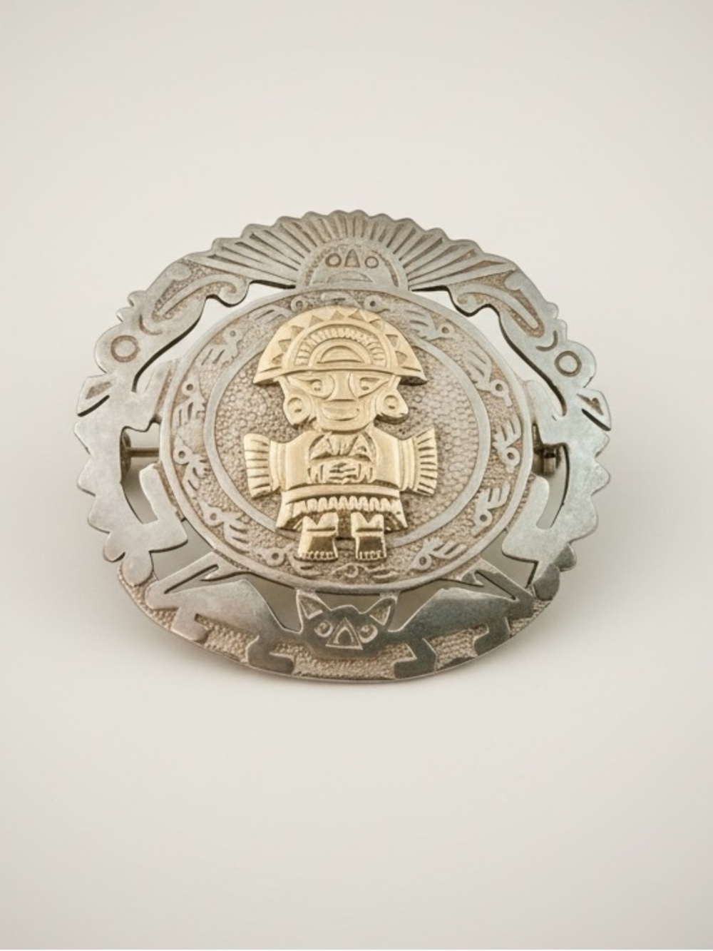 Vintage Peru Aztec Inca God Sterling Silver 925 Gold 18K Brooch Indian Pendant